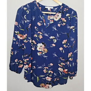 Fun2Fun Womens Floral Blouse~Size S~Navy 3/4 Sleeve Top~Stitch Fix NWOT
